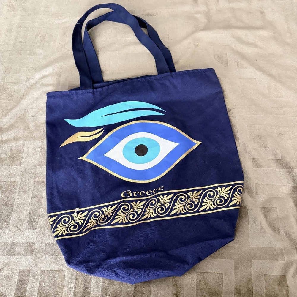 Greece Evil Eye Tote Bag Womens Large Blue Canvas Zip Top Shopper SDE Collection